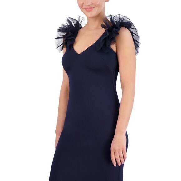 Eliza J Women's Ruffle-Shoulder Mixed-Media V-neck Gown Maxi Dress Navy 12 - Picture 3 of 9